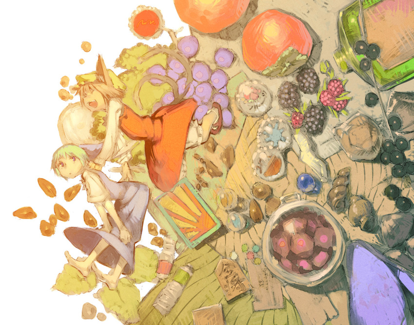 animal_ears barefoot blackberry blackberry_(fruit) blue_eyes blueberry bottle brown_hair cat_ears cat_tail chen chomoran cirno closed_eyes eyes_closed food fruit hands_on_knees hat multiple_girls multiple_tails open_mouth persimmon raspberry shell shougi tail tomato touhou umeboshi wings