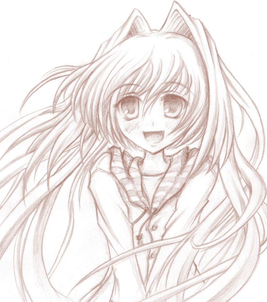 blush cokua hair_intakes highres long_hair monochrome original solo v_arms