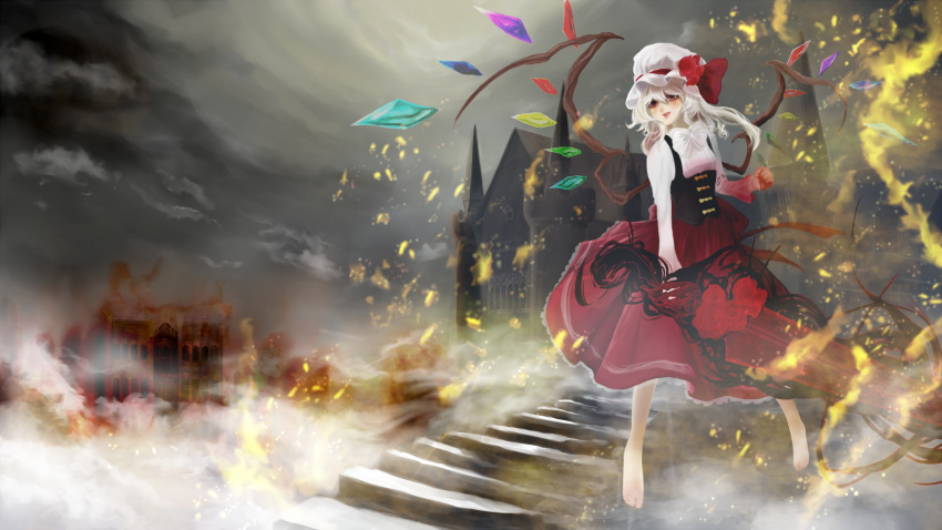 1girl alternate_costume ascot barefoot blonde_hair blush castle dress fire flandre_scarlet flower hat hat_flower hat_ribbon helichrysum highres laevatein long_sleeves open_mouth red_eyes ribbon rose short_hair side_ponytail smile solo stairs sword touhou weapon wings