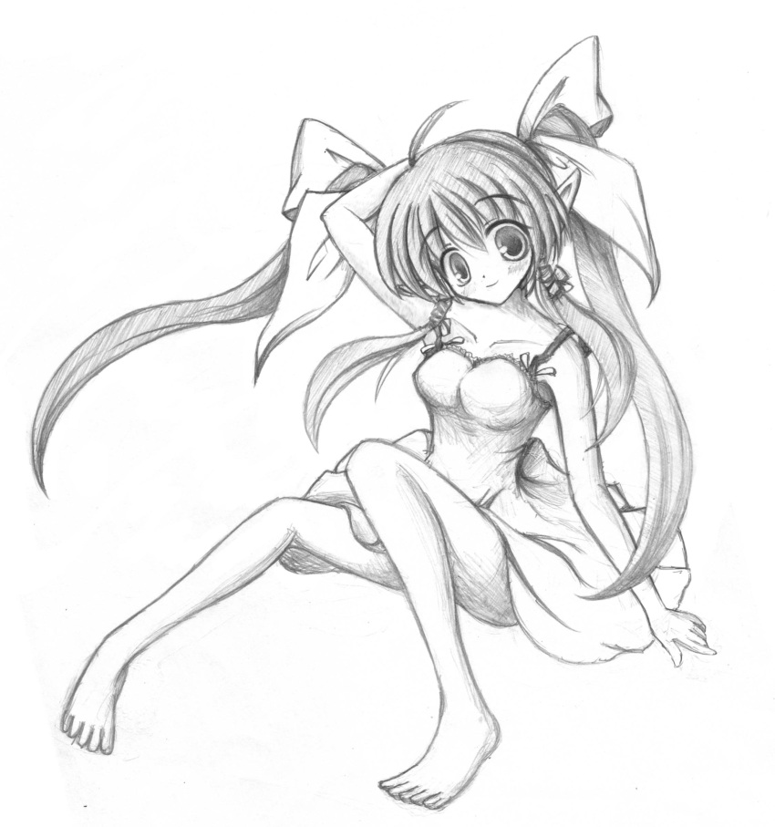 absurdres barefoot bow cokua copyright_request feet hair_bow hand_on_own_head highres large_bow monochrome pointy_ears smile solo toes traditional_media twintails