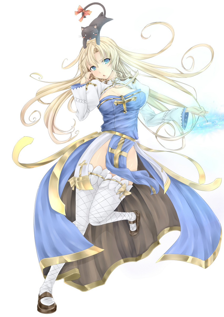 :o absurdres archbishop blonde_hair blue_eyes bolero breasts cat character_request cropped_jacket cross highres large_breasts long_hair looking_at_viewer magic magic_circle mound_of_venus no_panties object_on_head open_mouth ragnarok_online simple_background solo standing_on_one_leg thigh-highs thighhighs vicsen-u5 white_background white_legwear