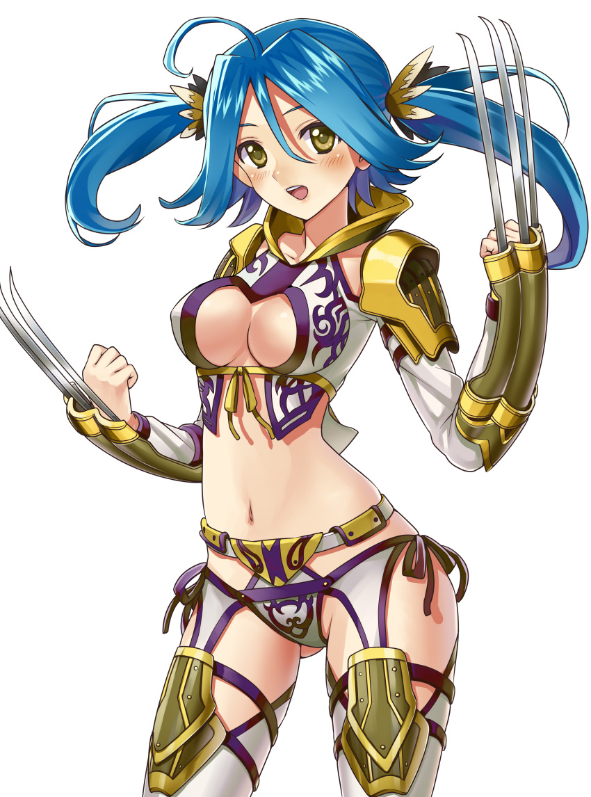 absurdres ahoge armor bikini_armor blue_hair blush breasts claw_(weapon) cleavage detached_sleeves dragon_maker highres matsui_hiroaki midriff navel open_mouth panties pauldron pauldrons side-tie_panties simple_background smile solo thigh-highs thighhighs twintails underwear weapon white_background white_legwear yellow_eyes