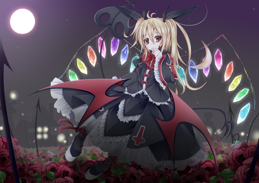 1girl blonde_hair cross flandre_scarlet flower flying full_moon futase_hijiri gothic_lolita hair_ribbon hand_on_own_chin inverted_cross laevatein layered_dress light lolita_fashion looking_at_viewer moon night no_hat no_headwear outdoors platform_footwear red_eyes red_rose ribbon rose short_hair side_ponytail sky solo star_(sky) starry_sky touhou wings