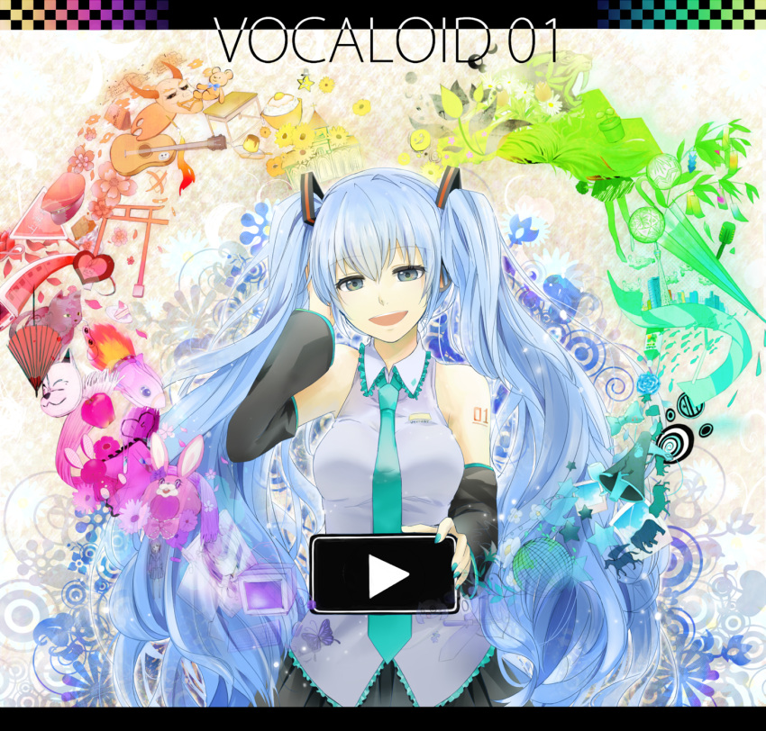 blue_hair colorful detached_sleeves green_eyes hatsune_miku highres letterboxed long_hair necktie open_mouth play-button play_button rainbow rainbow_order smile solo twintails very_long_hair vocaloid yache