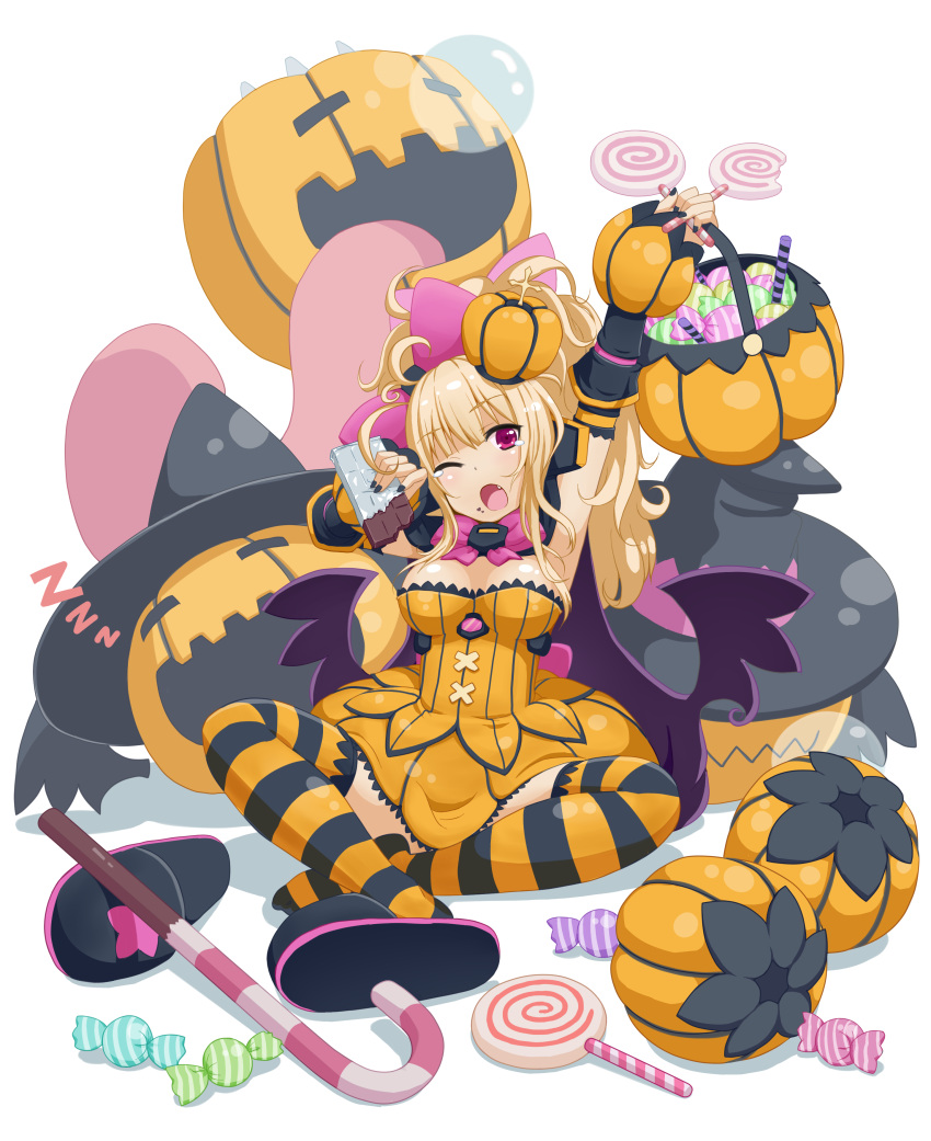 absurdres arm_up armpits bite_mark blonde_hair bow candy candy_cane chocolate cosmic_break detached_sleeves dress fang food food_on_face hair_bow hair_ornament hat heart highres indian_style jack-o'-lantern jack-o'-lantern lollipop long_hair messy_hair nail_polish nose_bubble pepo_pucchi pumpkin pumpkin_hat shadow simple_background single_shoe sitting ska sleeping striped striped_legwear teardrop thighhighs tongue wings wink witch_hat yawning z