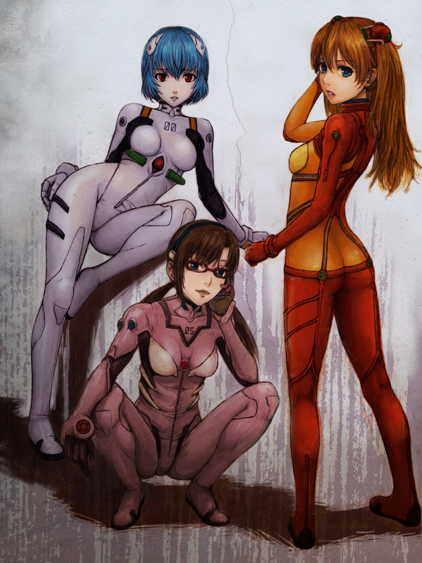 ass ayanami_rei blue_eyes blue_hair brown_hair ereka evangelion:_2.0_you_can_(not)_advance glasses hand_on_own_face highres long_hair looking_at_viewer looking_back makinami_mari_illustrious multiple_girls neon_genesis_evangelion parted_lips plugsuit rebuild_of_evangelion red-framed_glasses red_eyes red_hair redhead shikinami_asuka_langley short_hair soryu_asuka_langley souryuu_asuka_langley squatting test_plugsuit twintails