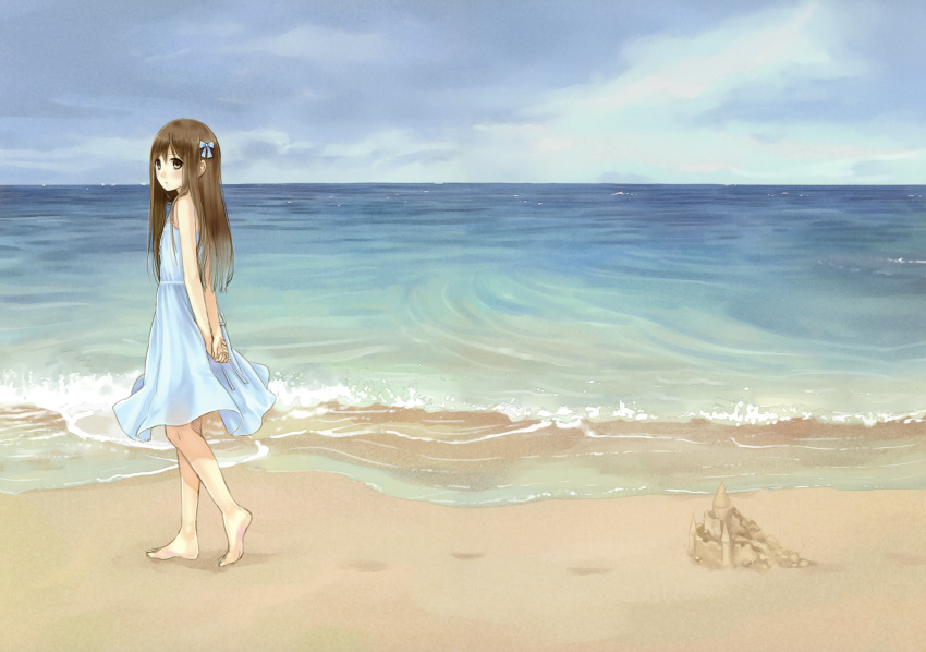 1girl barefoot beach boku_to_kimi_to_kakuusekai_to dress fixed kazuharu_kina long_hair original summer_dress