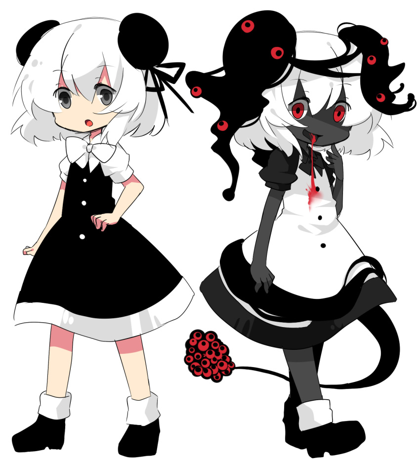blood bow copyright_request dark_persona double_bun dress dual_persona dual_personal grey_eyes highres mikan_(ama_no_hakoniwa) open_mouth red_eyes silver_hair simple_background source_request tail