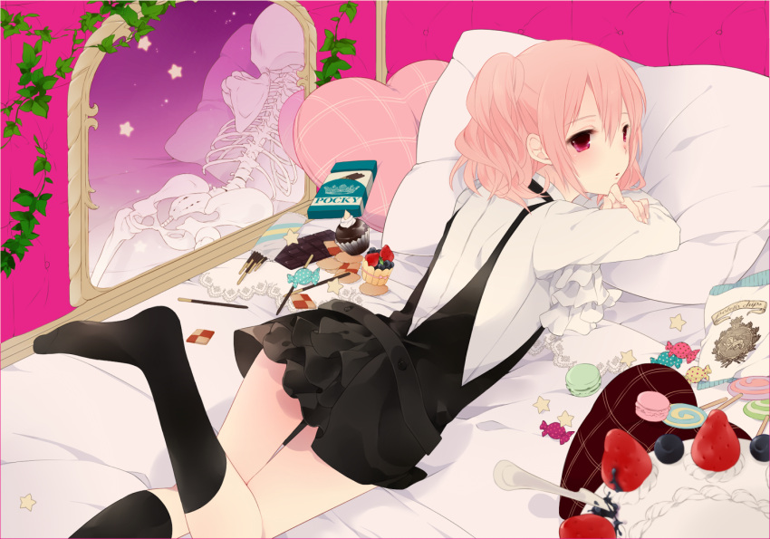 artist_request blueberry cake candy chocolate cookie cupcake different_reflection food fruit inu_x_boku_ss lollipop lying macaron mirror petitbisou pillow pink_eyes pink_hair pocky red_eyes reflection roromiya_karuta skirt socks strawberry twintails