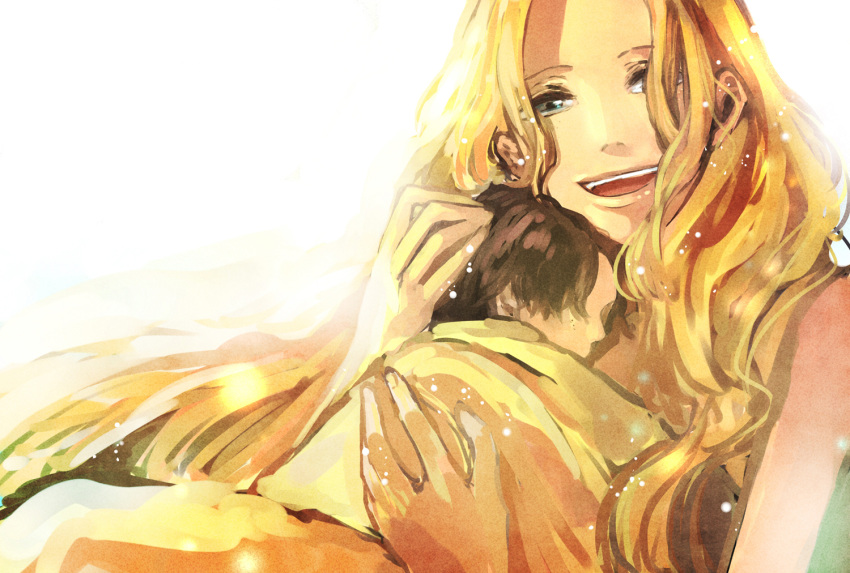 1girl age_difference baby black_hair blonde_hair blue_eyes face family freckles happy holding hug long_hair looking_at_viewer mother mother_and_child mother_and_son one_piece pipay portgas_d_ace portgas_d_rouge sleeping smile son white_background