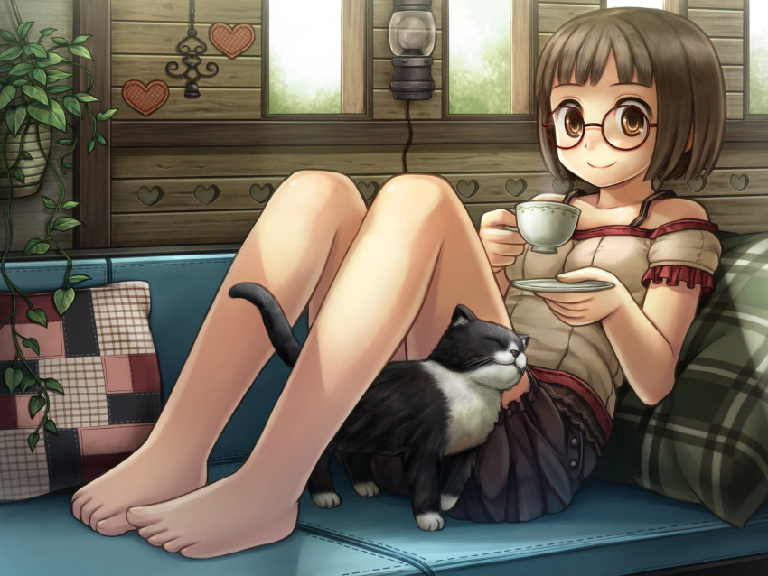 animal barefoot brown_eyes brown_hair cat couch cup feet glasses highres legs namaru_(summer_dandy) original pillow saucer short_hair sitting smile solo