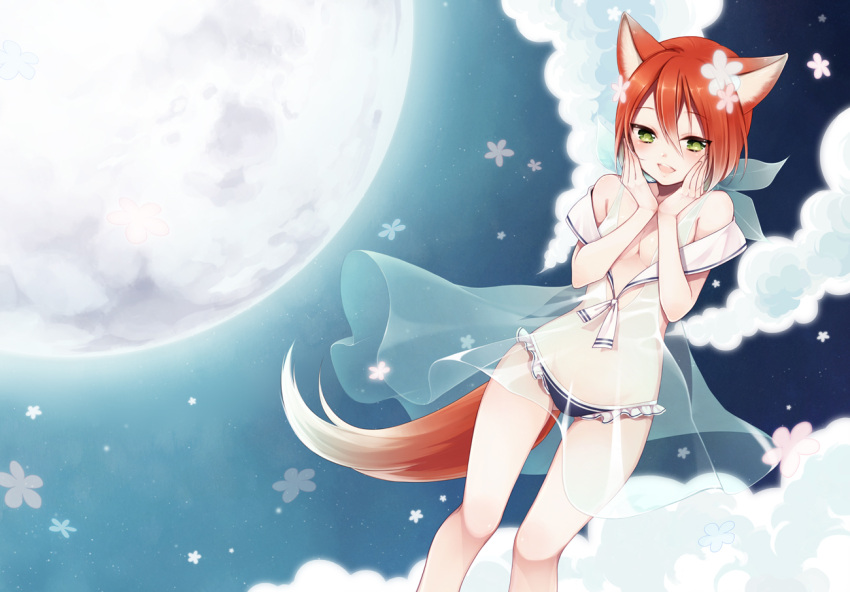 animal_ears anz_(starry) bare_shoulders blush breasts cleavage cloud fox_ears fox_tail genderswap green_eyes hands_on_own_face inazuma_eleven inazuma_eleven_(series) kiyama_hiroto looking_at_viewer moon night night_sky no_bra open_mouth orange_hair panties see-through short_hair sky solo tail underwear