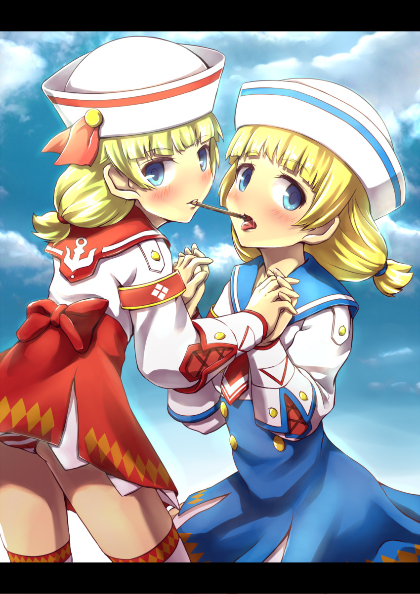 blonde_hair blue_eyes dixie_cup_hat hat highres holding_hands letterboxed looking_at_viewer monster_hunter monster_hunter_3_g mouth_hold multiple_girls open_mouth panties pocky pocky_kiss receptionist_(monster_hunter_3_g) sailor sailor_hat saliva shared_food skirt striped striped_panties thighhighs underwear