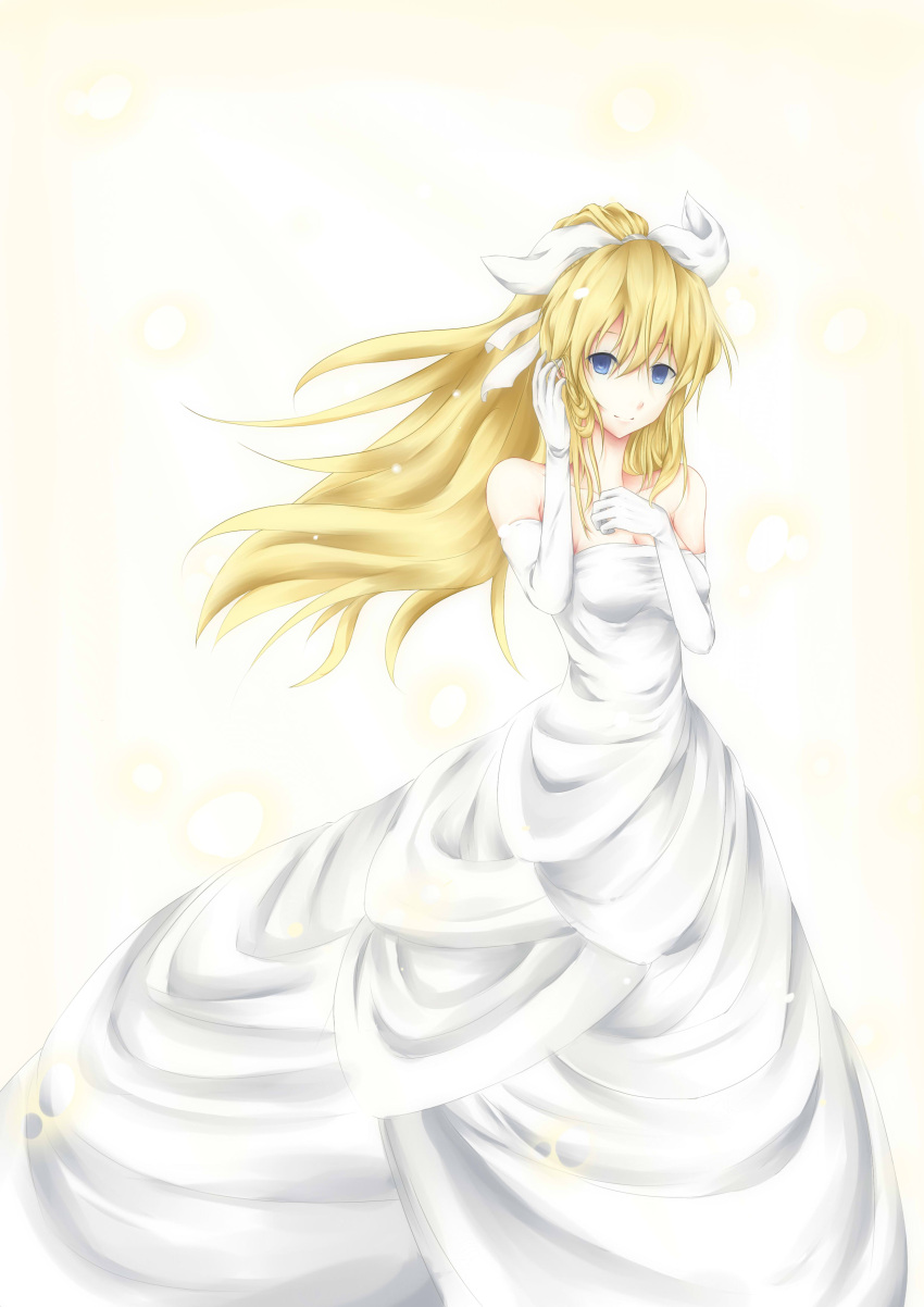 absurdres aerlai bare_shoulders blonde_hair blue_eyes dress elbow_gloves gloves hair_twirling hand_in_hair highres katawa_shoujo long_hair looking_at_viewer satou_lilly smile solo wedding_dress