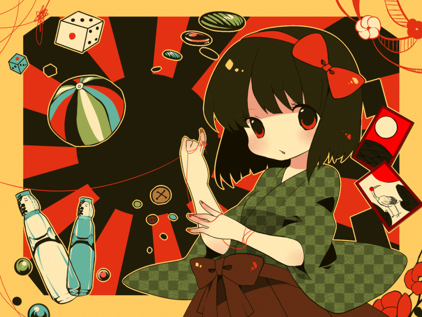 black_hair bow buttons checkered dice flower hair_bow hairband hakama japanese_clothes kimono marble mikan_(ama_no_hakoniwa) original ramune red_eyes red_string string