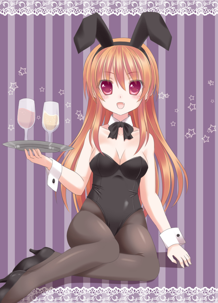 absurdres animal_ears bare_shoulders black_legwear breasts brown_hair bunny_ears bunny_girl bunnysuit cleavage detached_collar fang glass highres ikeda_yuuki long_hair open_mouth original pantyhose red_eyes solo tray wrist_cuffs