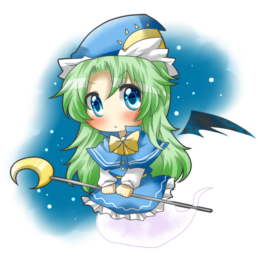 :&lt; bat_wings blue_dress blue_eyes blush bow bowtie capelet chibi crescent dress ghost ghost_tail green_hair hat long_hair mima minigirl rebecca_(keinelove) snowing solo staff touhou touhou_(pc-98) v_arms wings wizard_hat