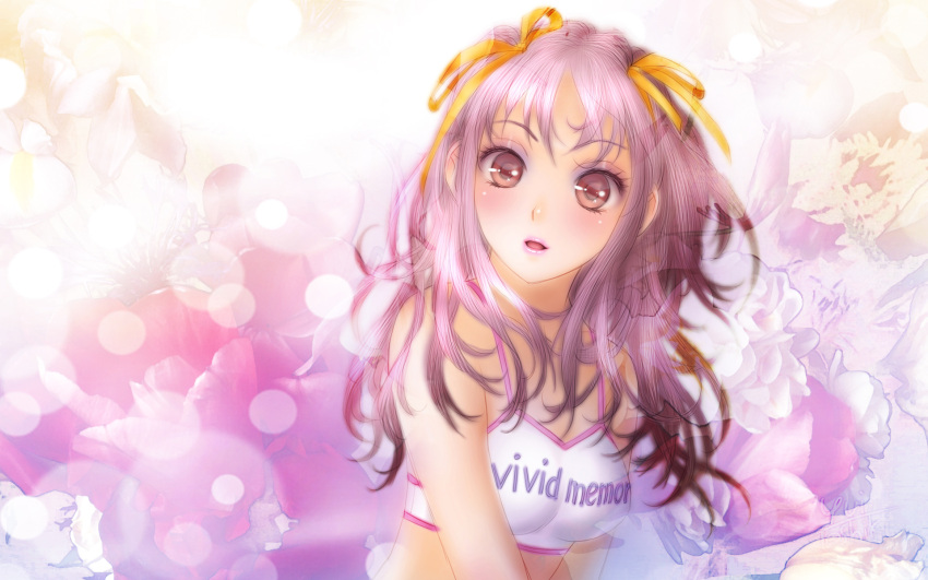 brown_eyes clothes_writing clothing_writing copyright_request crop_top eyeshadow flower hair_ribbon highres lips long_hair looking_at_viewer makeup open_mouth pink_eyes pink_hair purple_hair ribbon solo tagme_(artist) toshiki_yui wallpaper yui_toshiki
