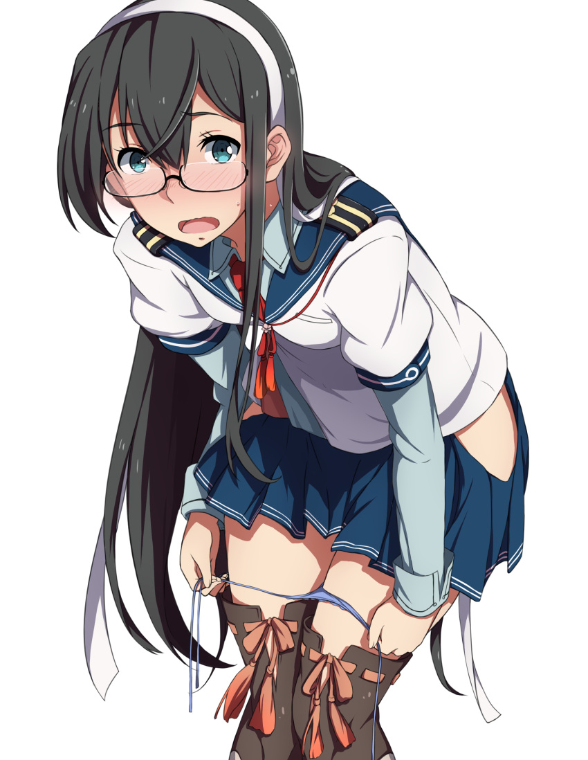 1girl black-framed_glasses black_hair blue_eyes blue_panties blush glasses hairband highres kantai_collection leaning_forward long_hair looking_at_viewer ooyodo_(kantai_collection) open_mouth panties panty_pull ribbon-trimmed_thighhighs sblack school_uniform semi-rimless_glasses serafuku side-tie_panties side_slit simple_background skirt solo thigh-highs under-rim_glasses underwear white_background zettai_ryouiki