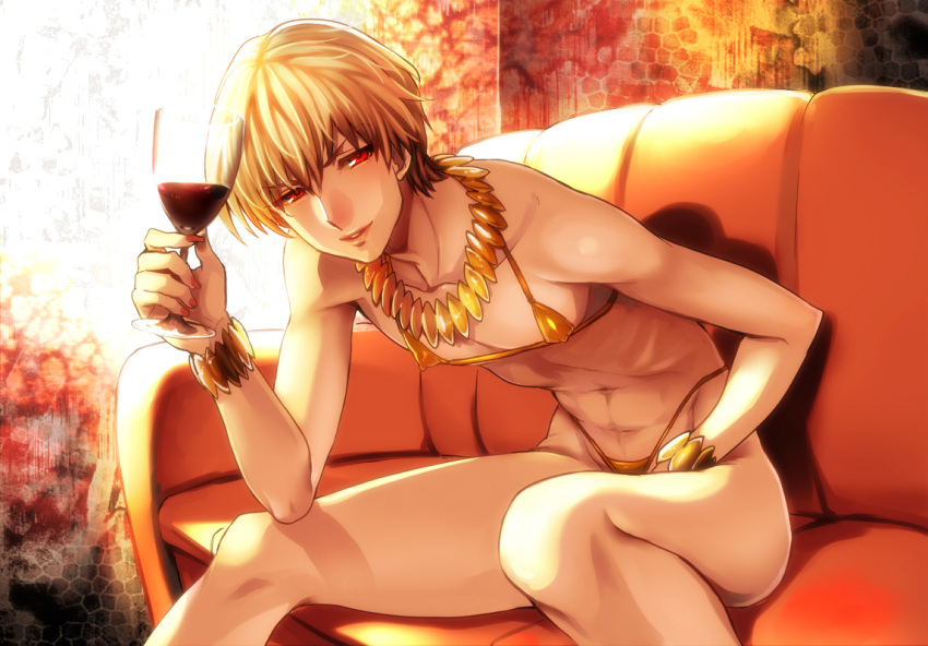 bikini blonde_hair bracelet cup erect_nipples fate/stay_night fate/zero fate_(series) gilgamesh jewelry male necklace open_mouth red_eyes riko_(artist) short_hair sitting smile solo swimsuit wine wine_glass