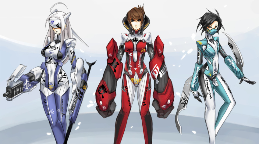 ahoge arm_blade arm_cannon black_hair bodysuit breasts brown_hair colored dual_wielding eu03 face_mask flat_chest highres horns large_breasts multiple_girls original oversize_forearms short_hair skin_tight weapon white_hair