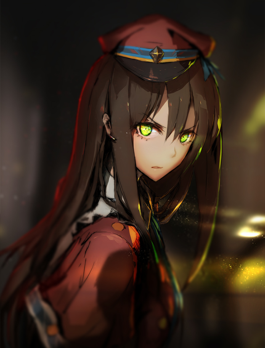 1girl brown_hair glowing glowing_eyes green_eyes hat highres idolmaster idolmaster_cinderella_girls long_hair looking_at_viewer lowlight_kirilenko profile shibuya_rin solo