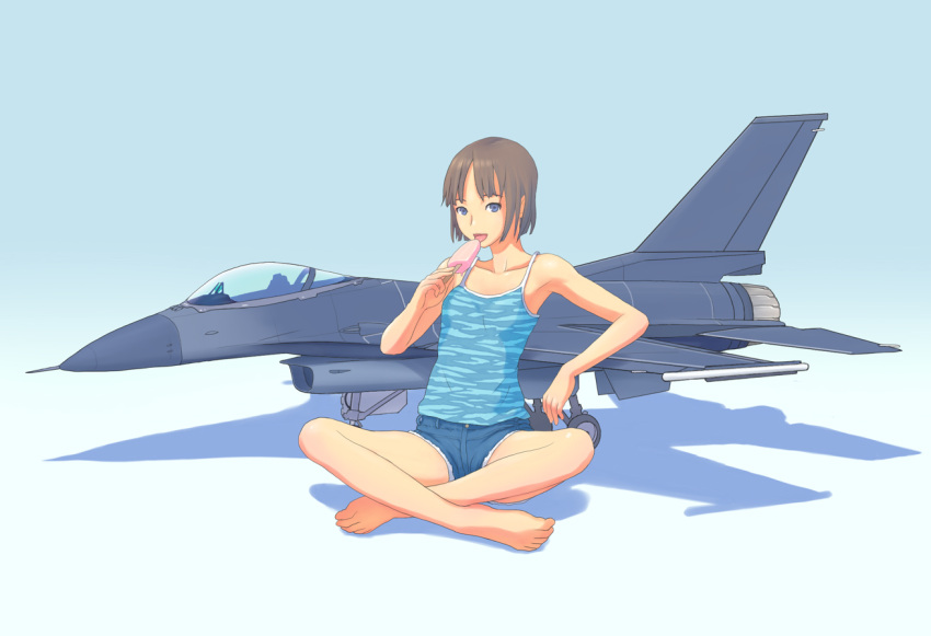 airplane bare_shoulders barefoot camisole collarbone denim denim_shorts f-16 feet flash_tomo giantess indian_style licking looking_at_viewer military original popsicle purple_eyes short_shorts shorts sitting solo strap_slip violet_eyes