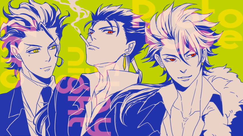 ahoge cigarette crossover earrings fate/prototype fate/stay_night fate/zero fate_(series) formal fur_trim green_background jewelry lancer lancer_(fate/prototype) lancer_(fate/zero) male mole multiple_boys ponytail red_eyes sirou69 smoking suit type-moon yellow_eyes
