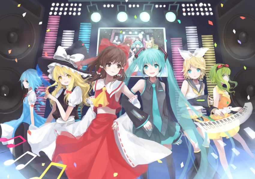 aqua_eyes aqua_hair blonde_hair bow brown_eyes brown_hair cirno crossover detached_sleeves goggles goggles_on_head green_eyes green_hair gumi hair_bow hair_ornament hair_ribbon hair_tubes hairclip hakurei_reimu hat hatsune_miku instrument kagamine_rin keyboard_(instrument) kirisame_marisa locked_arms long_hair midriff miko multiple_girls musical_note necktie open_mouth recursion ribbon skirt speaker stage stage_lights thigh-highs thighhighs touhou twintails very_long_hair vocaloid wings witch witch_hat wrist_cuffs yellow_eyes