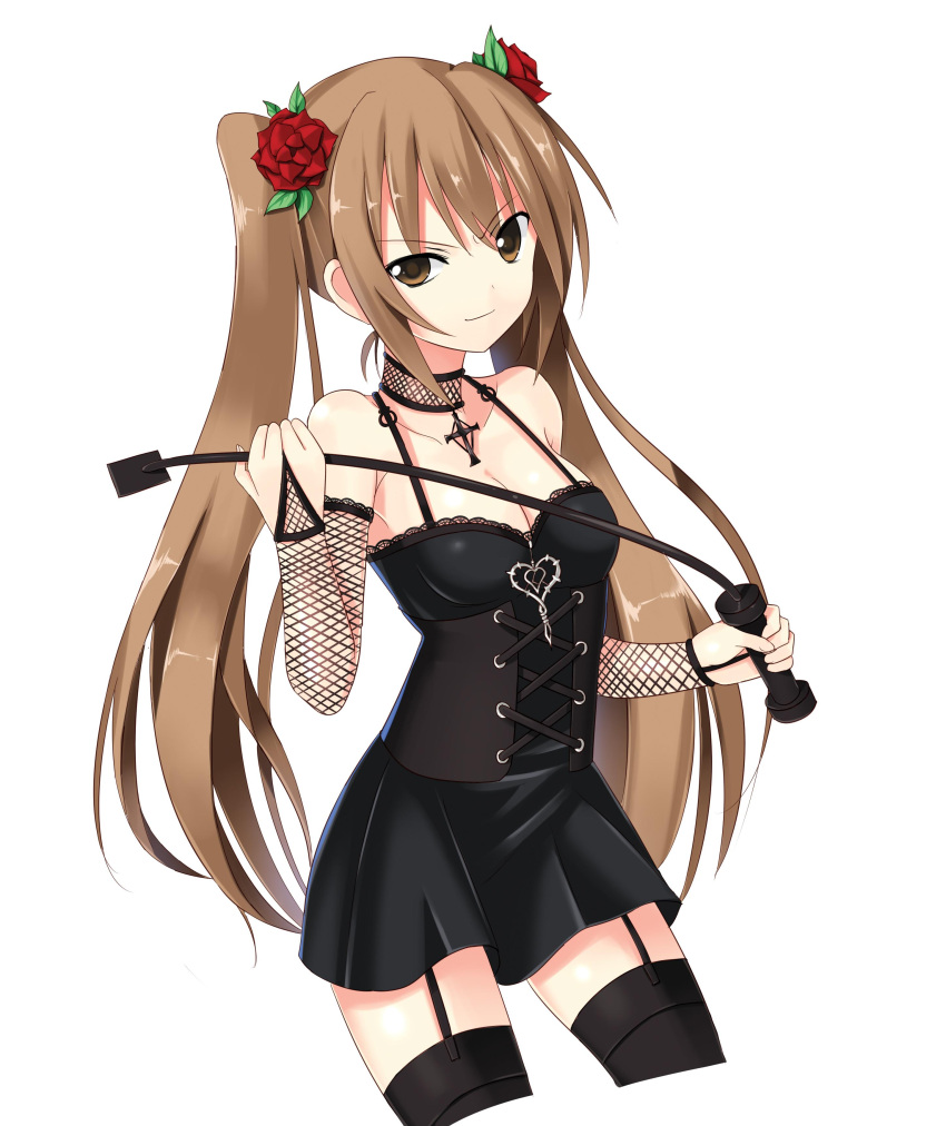 absurdres artist_request bare_shoulders breasts bridal_gauntlets brown_eyes brown_hair choker cleavage copyright_request dominatrix elbow_gloves fishnet_gloves flower garter_straps gloves hair_flower hair_ornament highres leather_skirt long_hair looking_at_viewer red_rose riding_crop rose solo thigh-highs thighhighs twintails white_background zettai_ryouiki