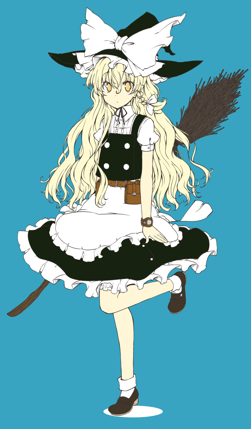 absurdres apron blonde_hair blue_background bow braid broom footwear hair_bow hat hat_bow highres kirisame_marisa long_hair shoes socks solo touhou uro watch witch witch_hat yellow_eyes