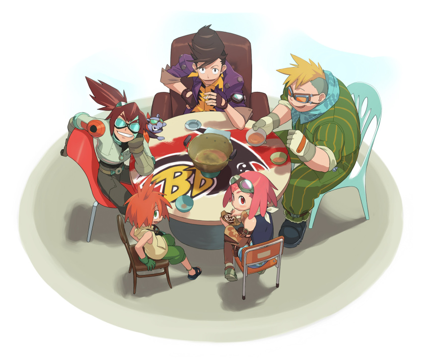 barrett_(rockman_dash) black_hair bowl brown_hair chair character_request cigarette detached_sleeves fingerless_gloves food gloves goggles goggles_on_head green_eyes grill_pitmaster highres hotpot kin_niku looking_at_viewer max_(rockman_dash) mohawk pic_holie pink_hair ponytail red_eyes red_hair redhead rockman rockman_dash rockman_dash_3 sandals sitting soup tinker