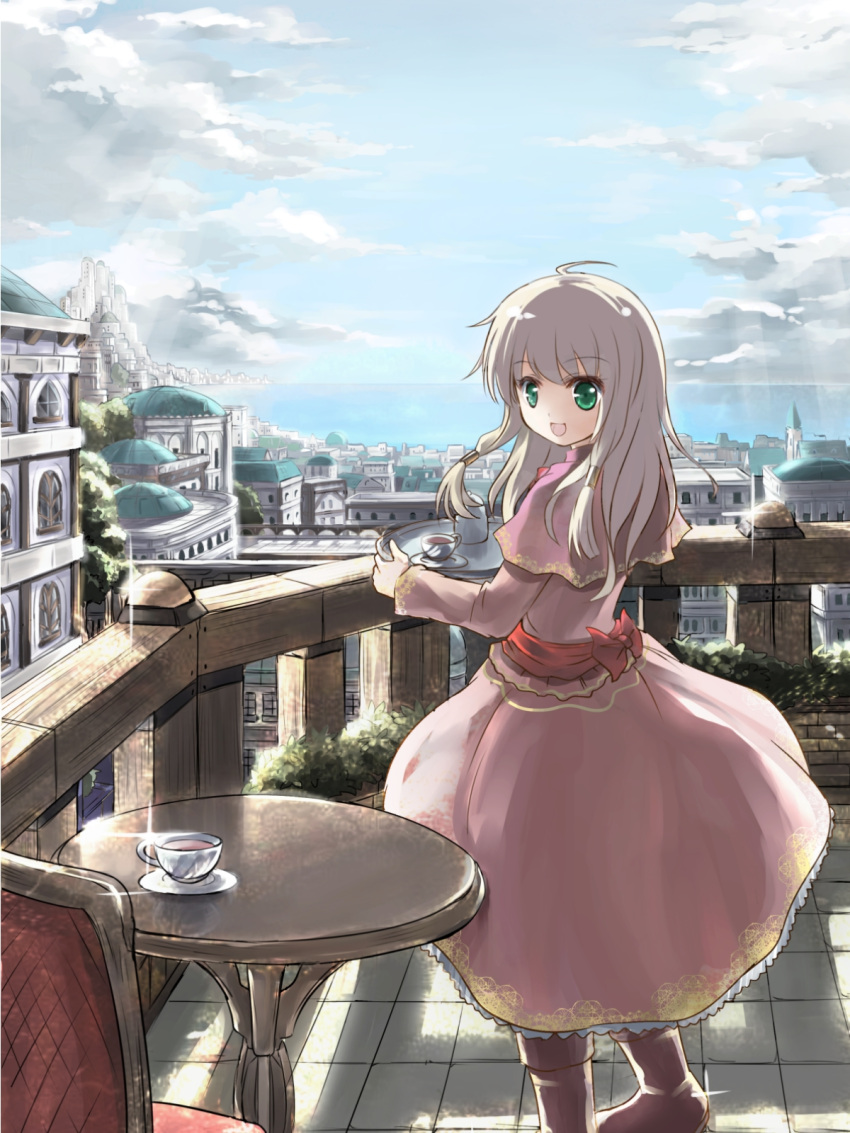 ahoge balcony bow capelet chair cityscape cloud cup dress green_eyes highres long_hair ocean open_mouth original pink_dress risutaru saucer silver_hair sky smile solo table teacup teapot