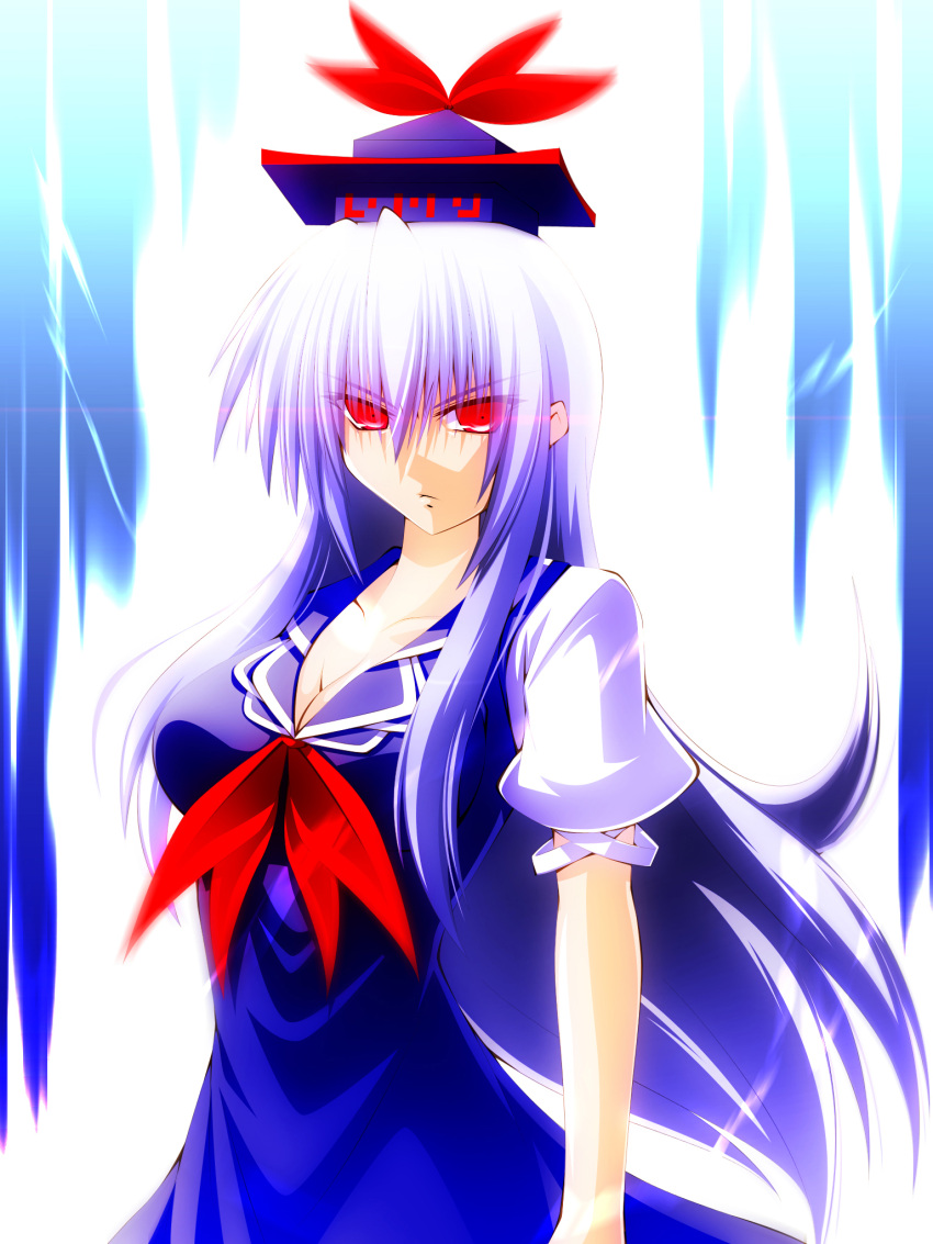angry blue_hair breasts cleavage dress engo_(aquawatery) glowing glowing_eyes hat highres kamishirasawa_keine long_hair red_eyes solo touhou