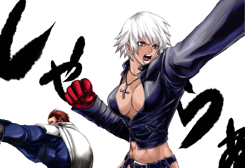 brown_hair cape choker_(pixiv) cleavage fighting genderswap grey_eyes k' k' king_of_fighters large_breasts leather_jacket maxima muscle snk white_hair