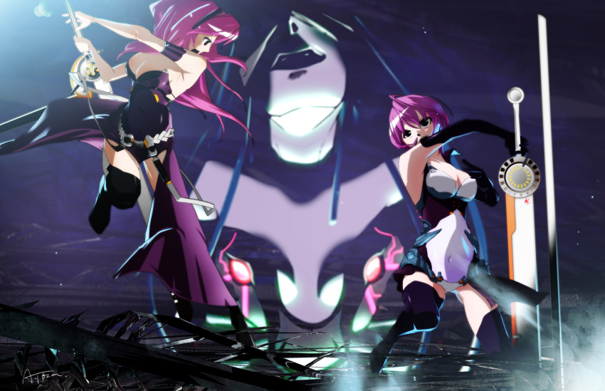 battle black_eyes breasts cleavage dual_persona elbow_gloves gloves long_hair megurine_luka multiple_girls open_mouth pink_hair short_hair skirt sword tso_(anarchylily) twintails vocaloid weapon