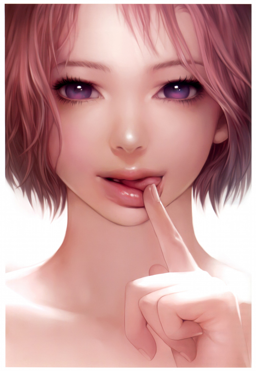 :p absurdres airspace bust face finger_to_mouth hands highres lips looking_at_viewer open_mouth original pink_hair purple_eyes realistic short_hair simple_background smile solo tongue tongue_out violet_eyes