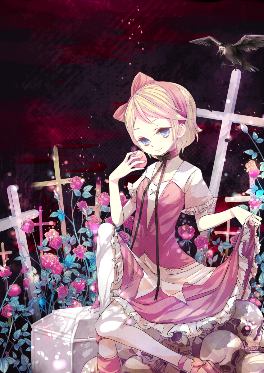 absurdres apple bird blonde_hair blue_eyes bow cross crow dress flower food fruit hair_bow hair_ribbon highres kagamine_rin looking_at_viewer pink_rose ribbon rose shoes short_hair sitting smile solo vocaloid