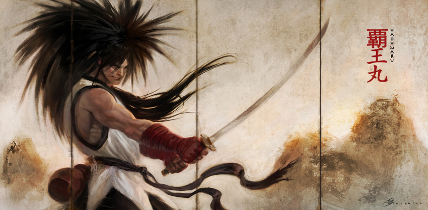 black_hair haohmaru haoumaru japanese_clothes katana long_hair male samurai_spirits sebastian_giacobino snk solo sword weapon