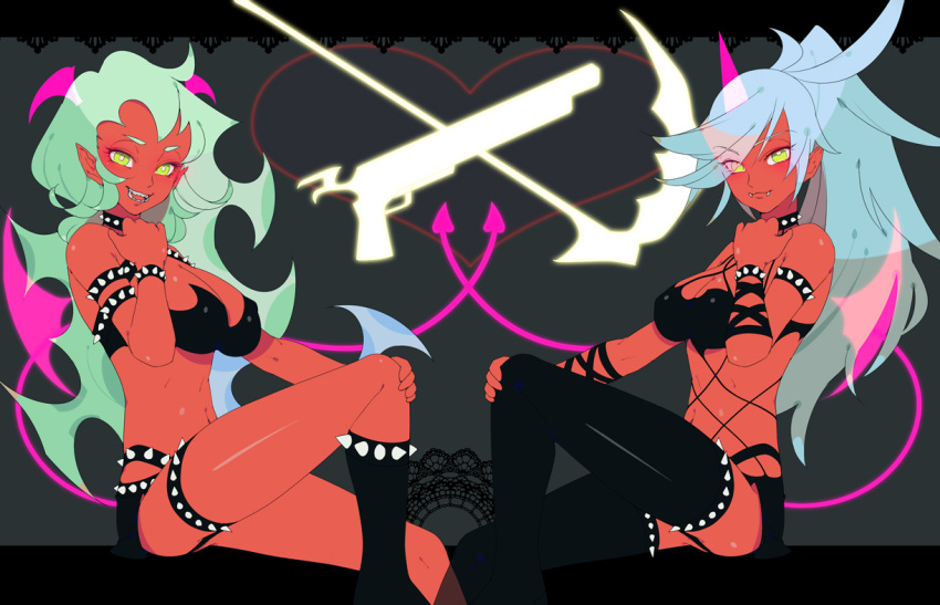 breasts choker cleavage demon double_gold_lacytanga double_gold_spandex fangs glasses green_eyes green_hair gun horns kneesocks_(character) kneesocks_(psg) no_glasses panty_&amp;_stocking_with_garterbelt red_skin scanty scanty_(psg) scythe shio_(pesante) short_shorts shorts smile tail thigh-highs thighhighs weapon wings
