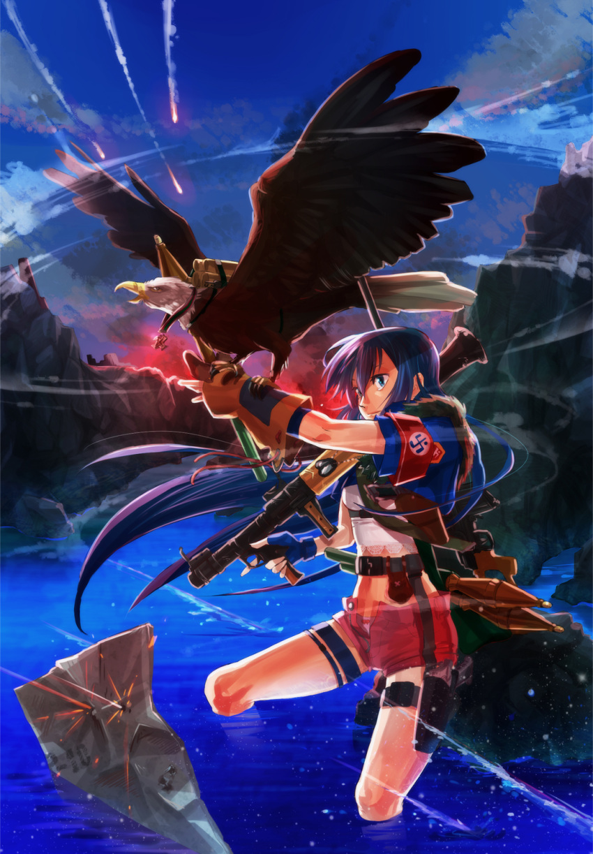 armband belt bird blue_eyes blue_hair eagle emblem feet_in_water fingerless_gloves fur_trim gloves gun handgun highres holding holster jacket komio_(do@ho) light_smile long_hair maguro medal midriff navel number numbers original outstretched_arm panties river rocket_launcher rpg rpg-7 sky smoke soaking_feet solo sparks tactical_clothes tactical_clothing thigh_strap trigger_discipline underwear unzipped very_long_hair water weapon