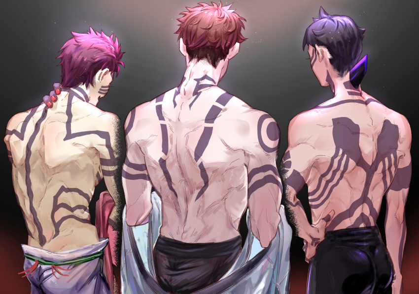 3boys akaza_(kimetsu_no_yaiba) asahito_asa black_hair brown_hair crossover facial_tattoo from_behind full-body_tattoo highres hitoshura horns jujutsu_kaisen kimetsu_no_yaiba multiple_boys purple_hair ryoumen_sukuna_(jujutsu_kaisen) shin_megami_tensei shin_megami_tensei_iii:_nocturne short_hair single_horn tattoo topless_male trait_connection