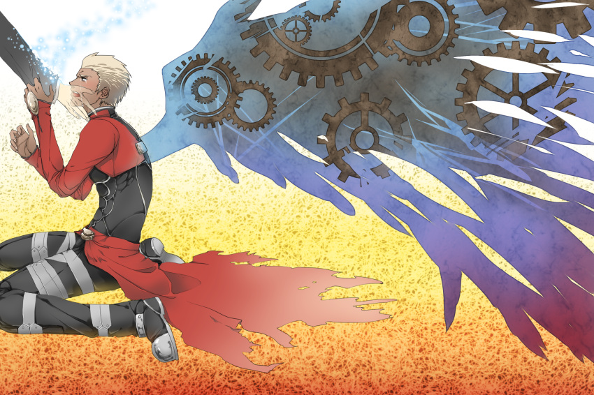 archer dark_skin fate/stay_night fate_(series) gears hand_on_another's_face hand_on_another's_face highres male profile sitting solo tears translucent white_hair wings xiogun
