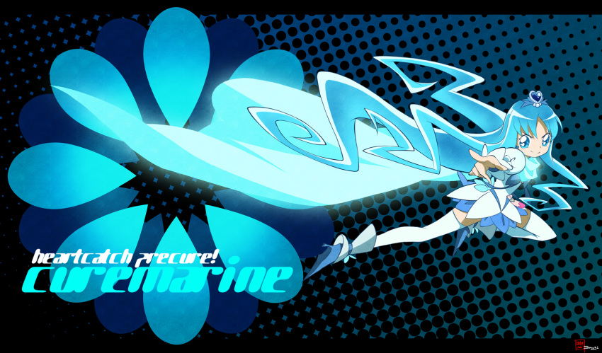 aqua_hair black_background blue blue_background blue_eyes cape character_name cure_marine glowing glowing_hair halftone halftone_background heartcatch_precure! high_heels highres kurumi_erika looking_at_viewer pointing precure shoes skirt solo souji thigh-highs thighhighs title_drop