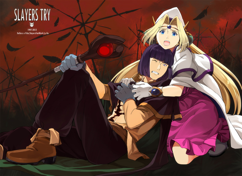1girl :o bad_id bangs blonde_hair blue_eyes cape character_name clenched_teeth dress feathers filia_ul_copt gloves hat highres injury kneeling lina_inverse long_hair lyxu parted_bangs pink_dress purple_eyes purple_hair red_background shoes slayers slayers_try staff title_drop wince wink xelloss xelloss_metallium