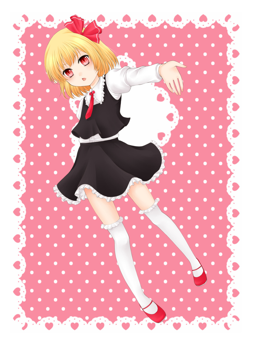 :o absurdres blonde_hair border frills hair_ribbon heart highres kutsuna_ayumu lace lips lipstick long_sleeves looking_at_viewer makeup mary_janes necktie open_hand open_mouth outstretched_arms pink_background pink_lipstick polka_dot polka_dot_background red_eyes ribbon rumia shirt shoes short_hair skirt solo the_embodiment_of_scarlet_devil thigh-highs thighhighs touhou vest youkai