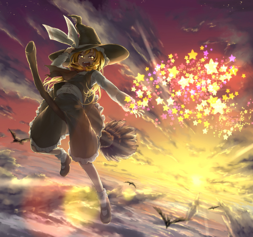 above_clouds bird blonde_hair braid cloud hand_on_hat hat kirisame_marisa liminarity long_hair open_mouth side_braid single_braid sky smile solo star star-shaped_pupils sun symbol-shaped_pupils touhou witch witch_hat yellow_eyes