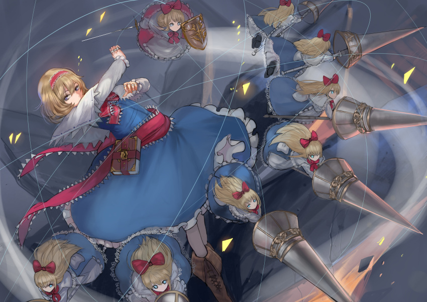 absurdres alice_margatroid blonde_hair boots bow capelet daro_(645046276) doll expressionless hair_bow hairband highres hourai_doll knee_boots lance long_hair polearm puppet_strings ribbon shanghai_doll shield short_hair solo string touhou weapon