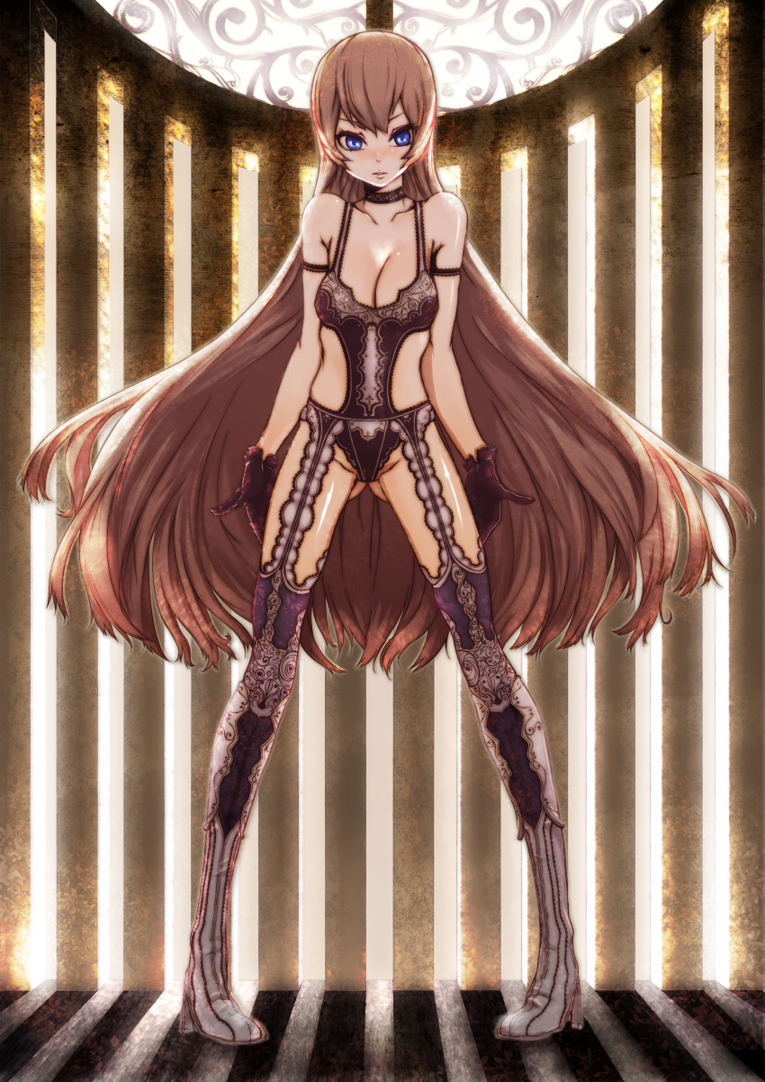 absurdres boots breasts brown_hair choker cleavage garter_belt gloves high_heels highres lace lace-trimmed_thighhighs lingerie long_hair omizu_365 original panties pigeon-toed shoes solo thigh-highs thighhighs underwear very_long_hair