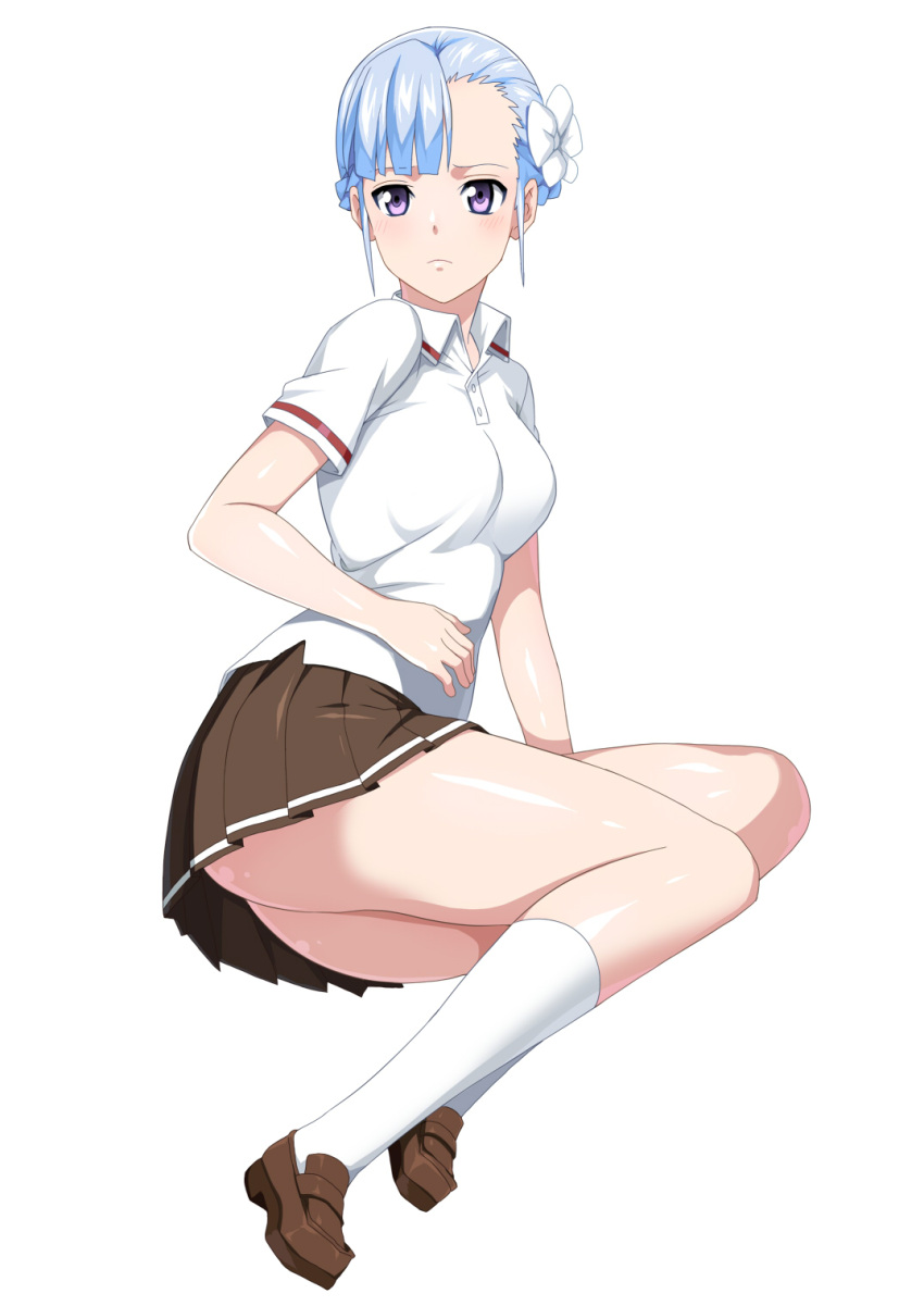 ass asymmetrical_bangs bangs blue_hair blush fin_ay_ludo_sui_lavinty fin_e_ld_si_laffinty flower footwear hair_flower hair_ornament highres loafers looking_at_viewer pleated_skirt polo_shirt purple_eyes rinne_no_lagrange school_uniform shiny shiny_skin shinya_(artist) shoes short_hair simple_background sitting skirt socks solo violet_eyes white_background white_legwear yokozuwari